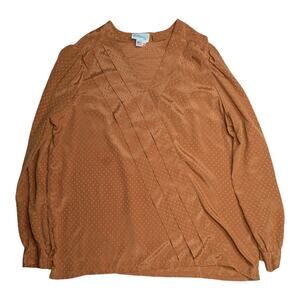 Vtg 1970s Bethany Burnt Orange Dot Textured Satin Pleated Detail Blouse 38 XL